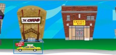 Figure 3: In the interactive ad portion of the site, users can “walk” down a campus street by using the iPhone’s finger swipe functionality, “enter” a business by clicking on a building, and view food and drink specials by clicking on a menu icon. Users can also automatically call a Taxi by clicking on the car.