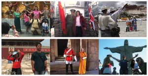 One narrative strand that is accompanied by a musical leitmotif is a series of video clips, which provide various observations of touristsperforming the ritual of posing for their holiday snapshots worldwide.