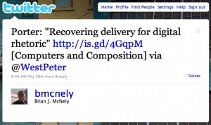 Figure 8: Screen capture of author’s tweet, November 1, 2009