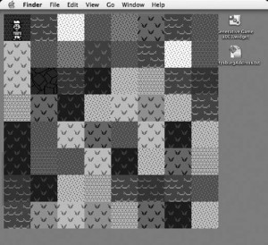Fig. 3 Among the aspects of gameplay to be defined are the kinds of terrain that the player will (or will not) be able to traverse. Pictured here are varying densities of grass, dirt, rock, sand, and water. This image was generated from the same text as figure 2.