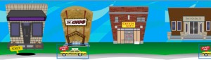 Figure 3: In the interactive ad portion of the site, users can “walk” down a campus street by using the iPhone’s finger swipe functionality, “enter” a business by clicking on a building, and view food and drink specials by clicking on a menu icon. Users can also automatically call a Taxi by clicking on the car.