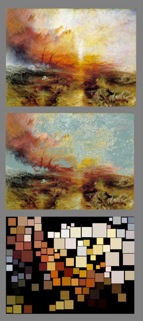 Figure 3 After The Slave Ship, Bill Davis (2005). The bottom image contains the discarded color missing from the top image, which originated from William Turner’s Slave Ship painting.